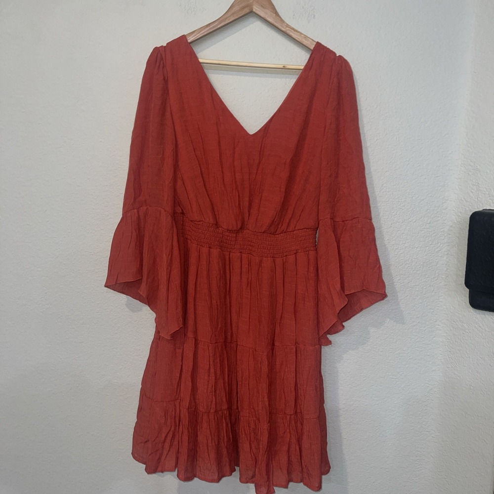 Just Found Womans Lined Bell Sleeve ORANGE Dress Gauzy Beachy Boho 2X